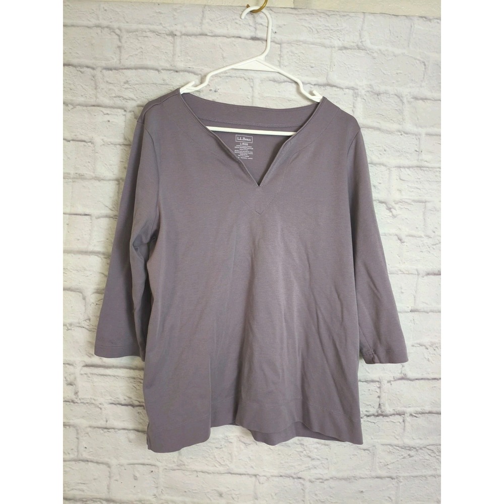 LL Bean Women's Split Neck 100% Supima Cotton Lavender Top Size L 3/4 sleeve - Picture 1 of 6